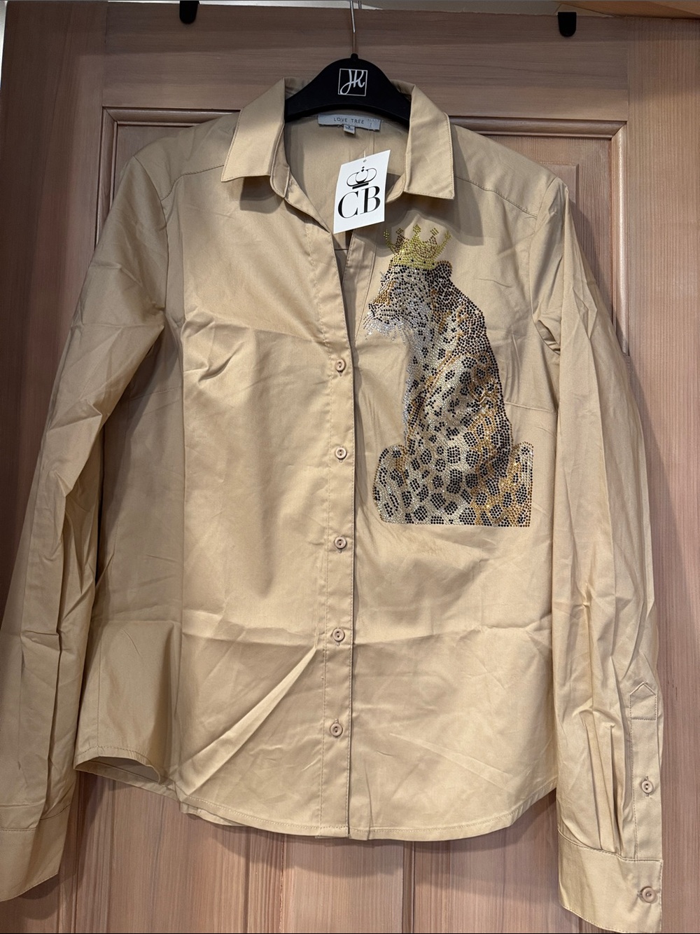 NWT - Gorgeous Love Tree Leopard Crown Button-Up Shirt in Beige